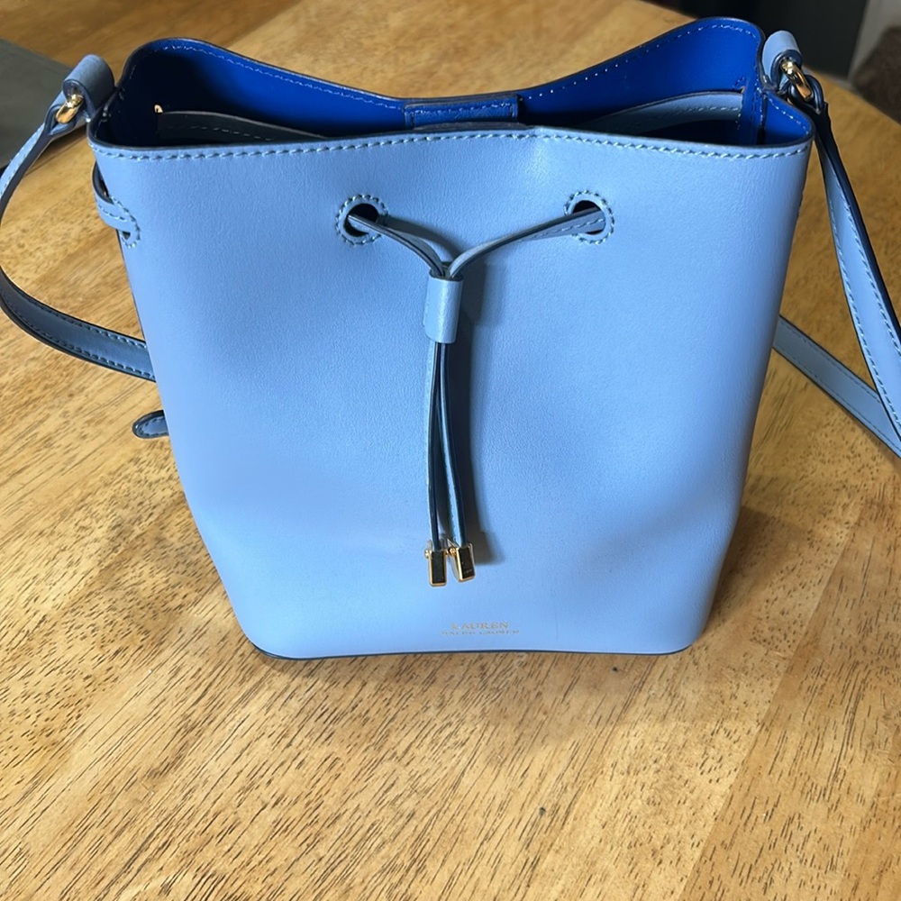 Lauren Ralph Lauren Mini Dryden Debby Il Leather Bucket Drawstring Bag Mist Blue